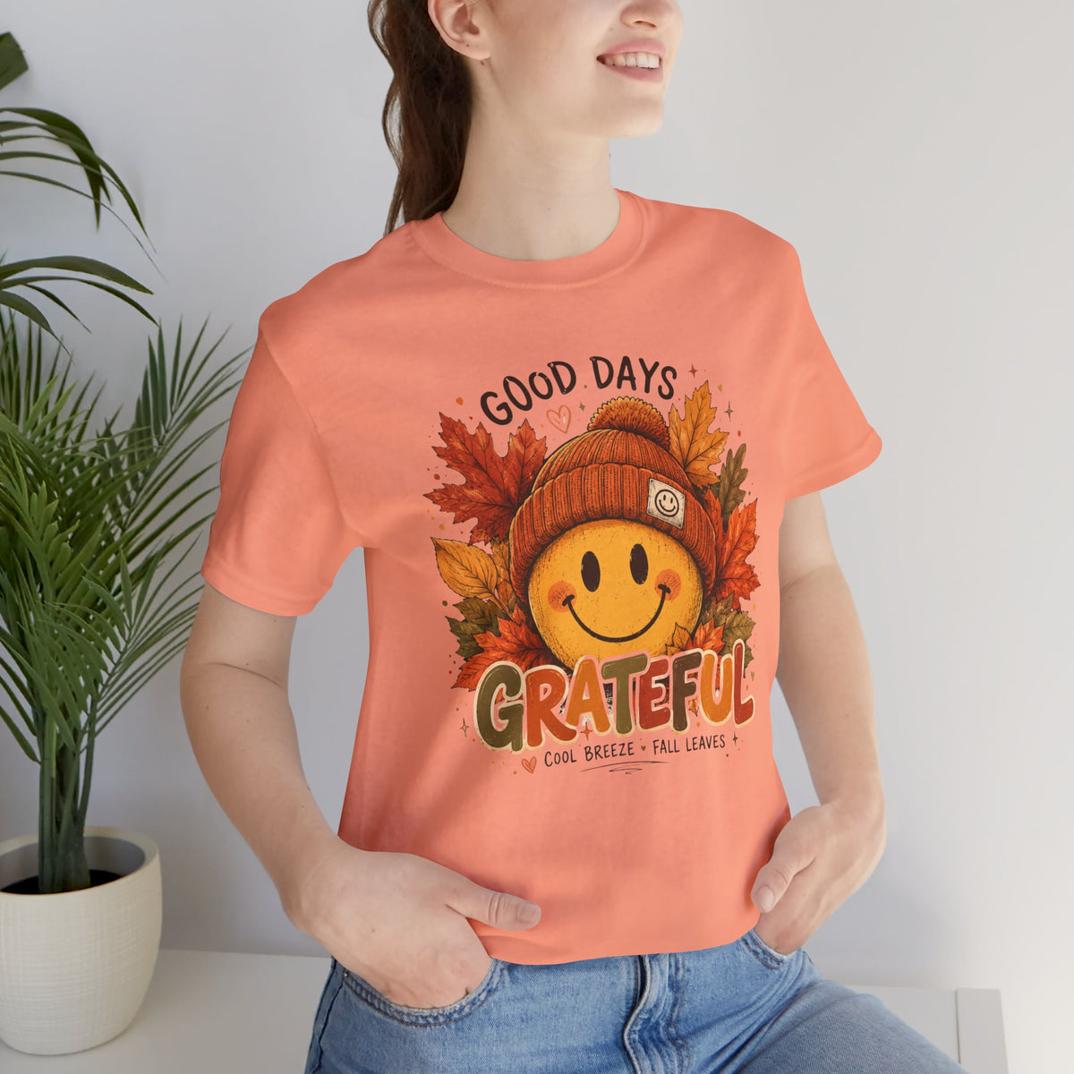 Grateful Fall Smile T-Shirt — "Good Days" Autumn Leaves Tee