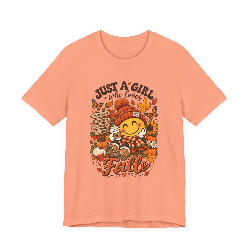 Fall Graphic Tee - "Just A Girl Who Loves Fall" Cute Pumpkin & Leaves T-Shirt