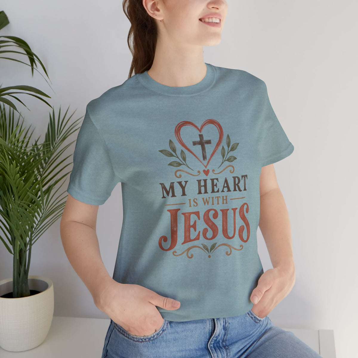 My Heart Is With Jesus T-Shirt — Faith Christian Tee with Cross Heart Design