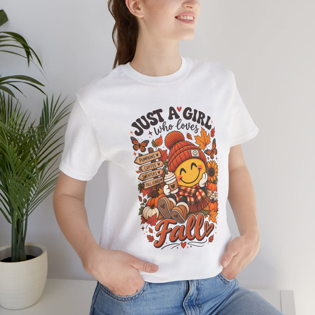Fall Graphic Tee - "Just A Girl Who Loves Fall" Cute Pumpkin & Leaves T-Shirt