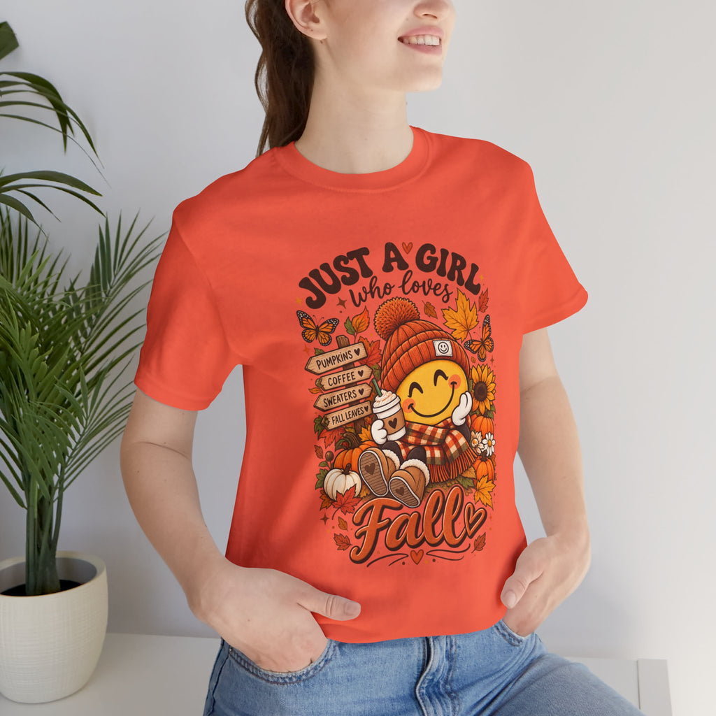 Fall Graphic Tee - "Just A Girl Who Loves Fall" Cute Pumpkin & Leaves T-Shirt