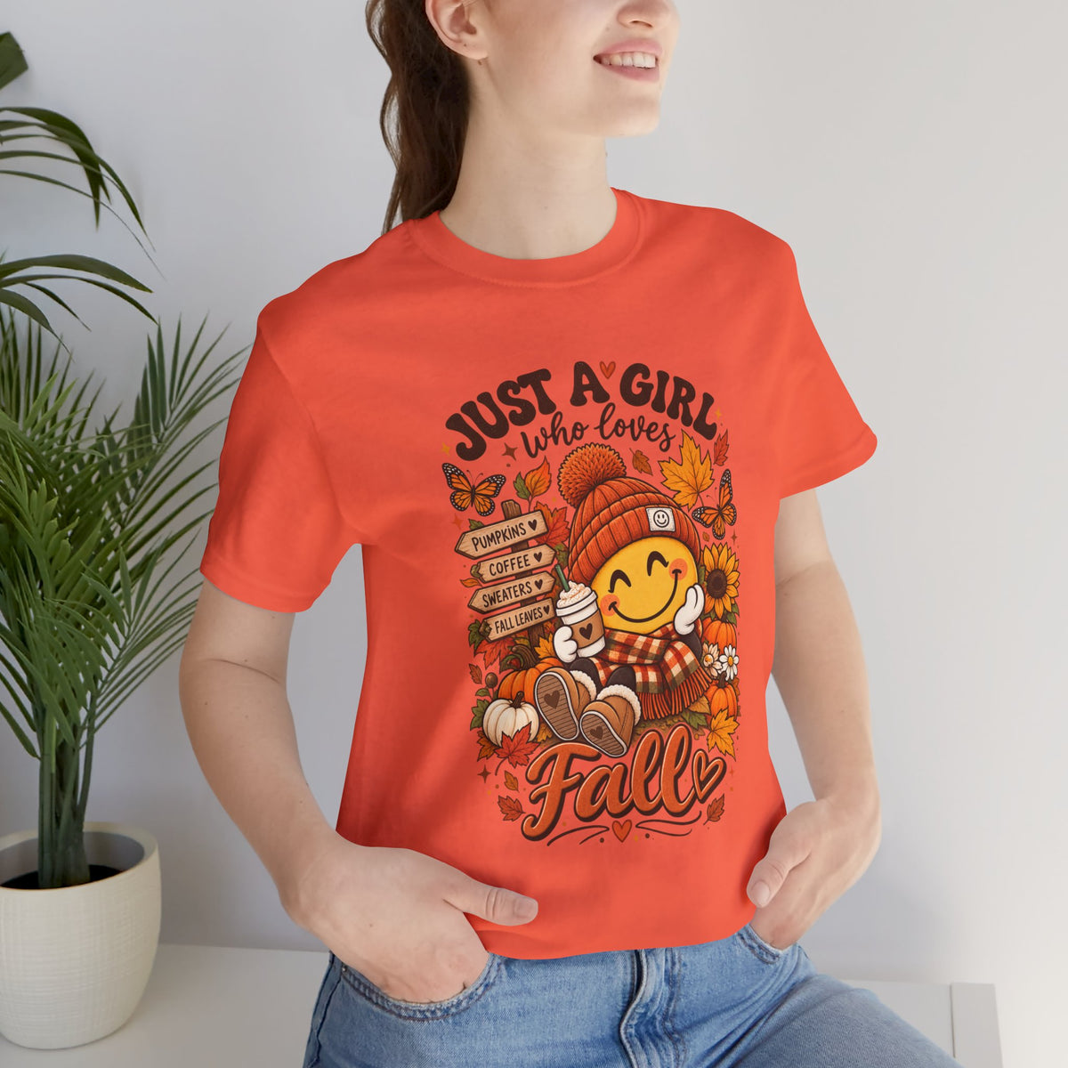 Fall Graphic Tee - "Just A Girl Who Loves Fall" Cute Pumpkin & Leaves T-Shirt