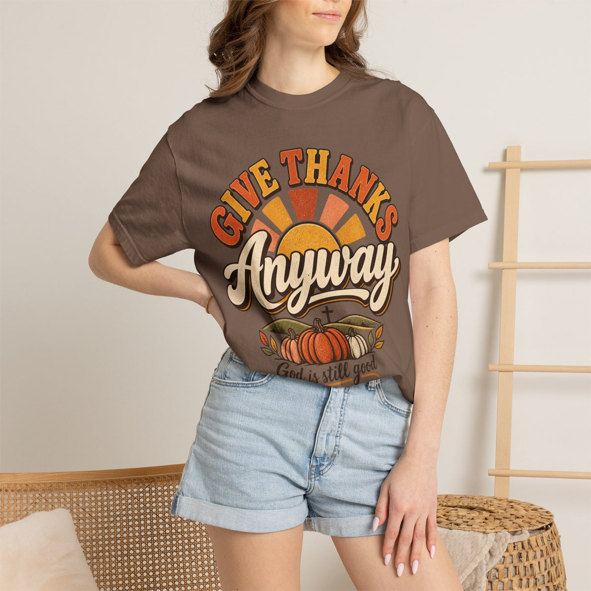 Give Thanks Anyway T-Shirt — Thanksgiving Christian Pumpkin Retro Tee