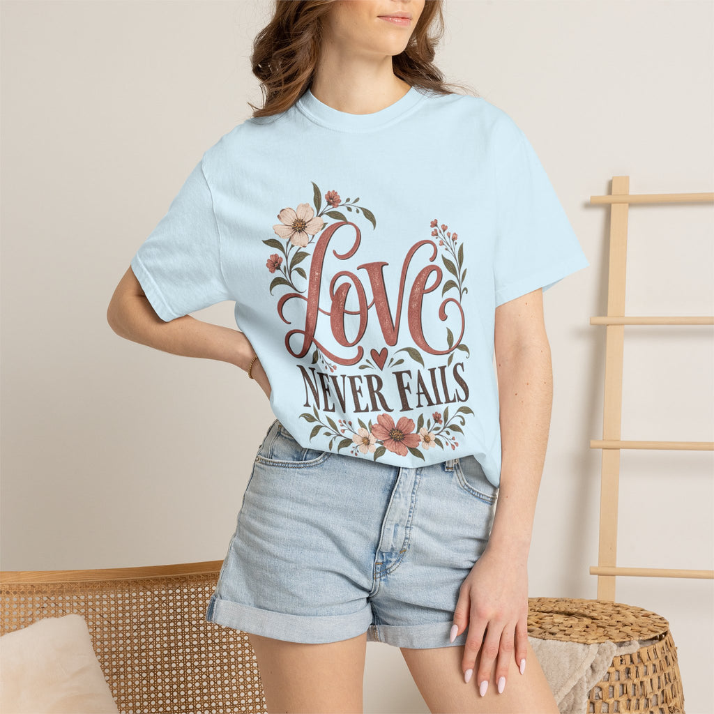 Love Never Fails T-Shirt — Floral Christian Inspirational Tee