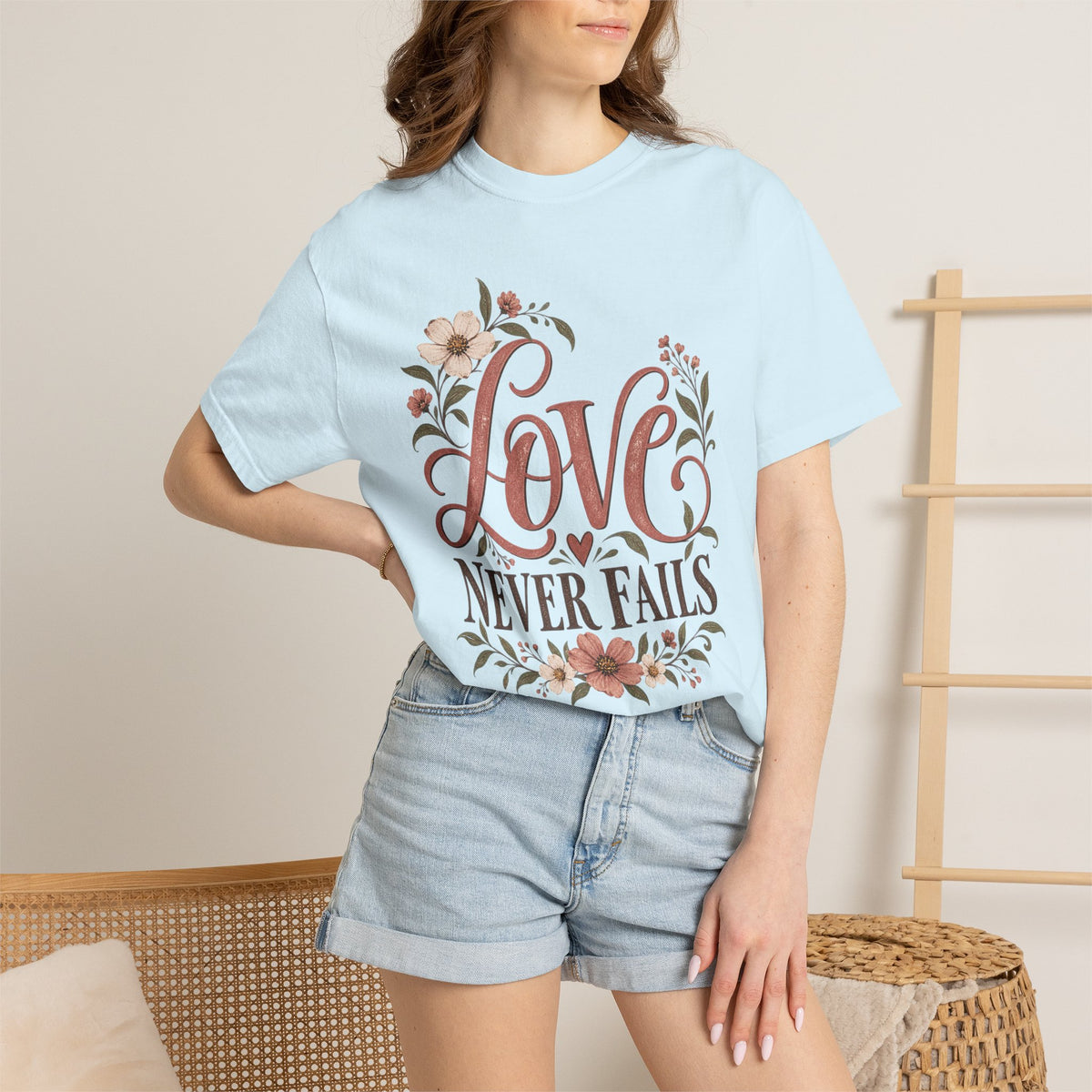 Love Never Fails T-Shirt — Floral Christian Inspirational Tee