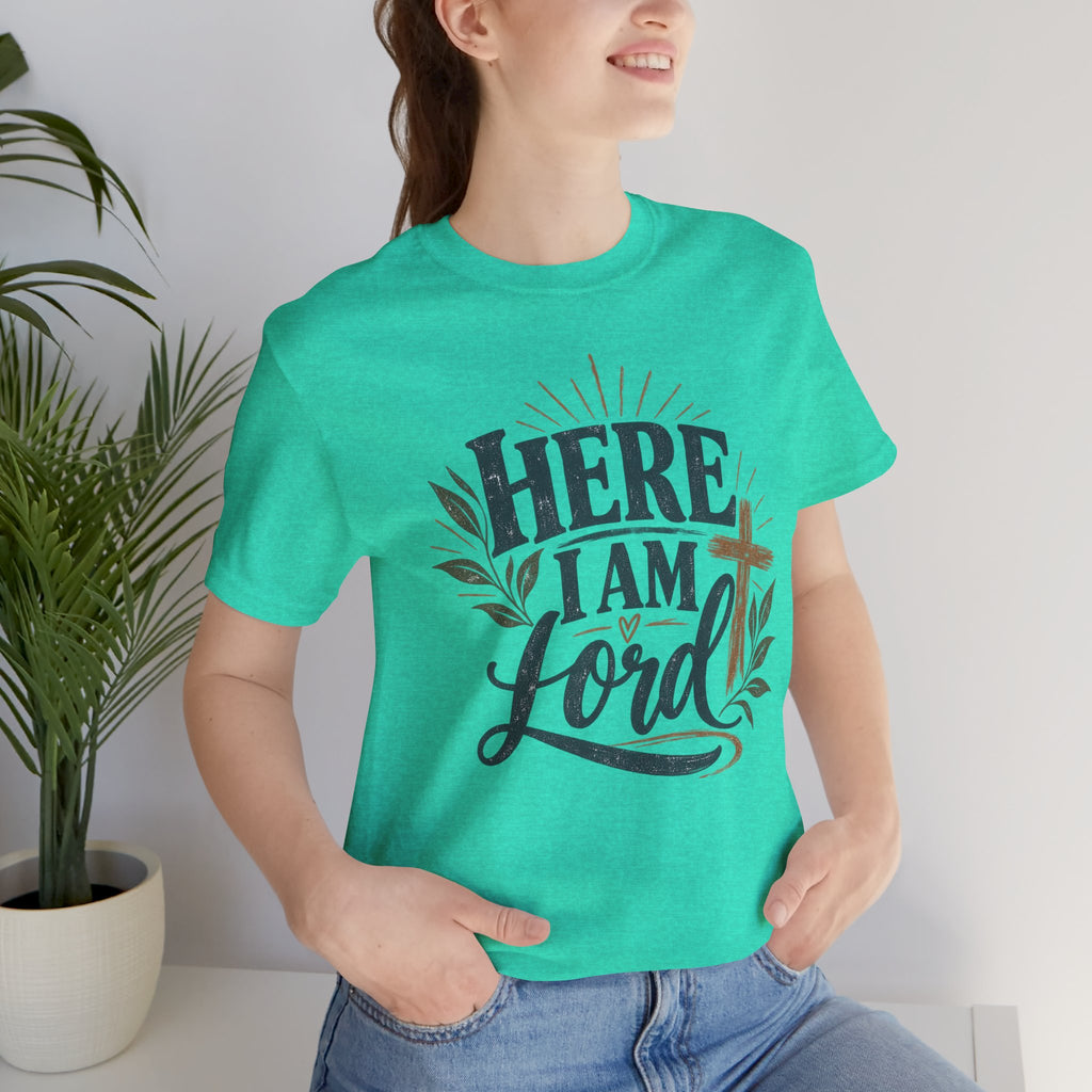 Here I Am Lord T-Shirt — Christian Faith Tee with Cross & Script Design
