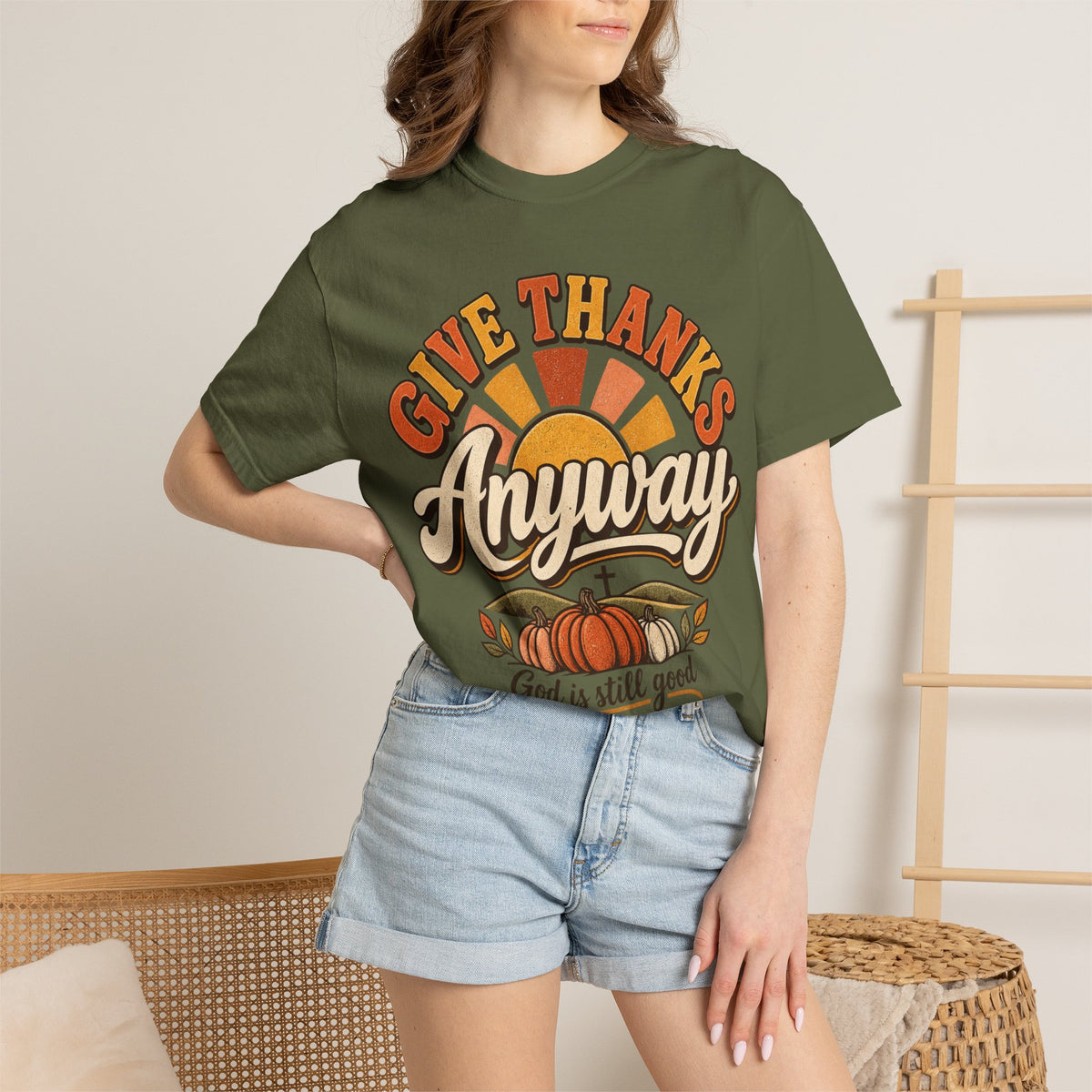 Give Thanks Anyway T-Shirt — Thanksgiving Christian Pumpkin Retro Tee