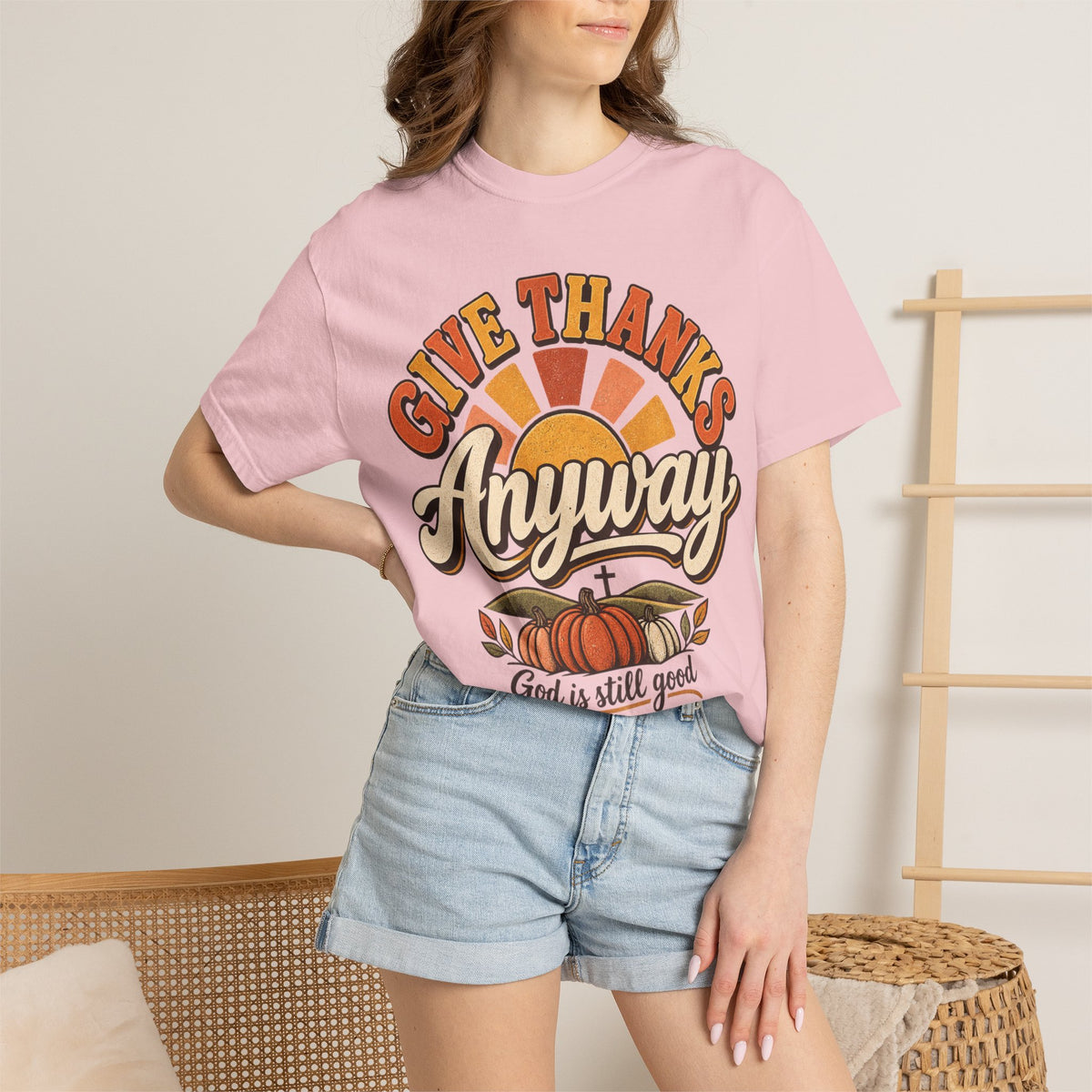 Give Thanks Anyway T-Shirt — Thanksgiving Christian Pumpkin Retro Tee