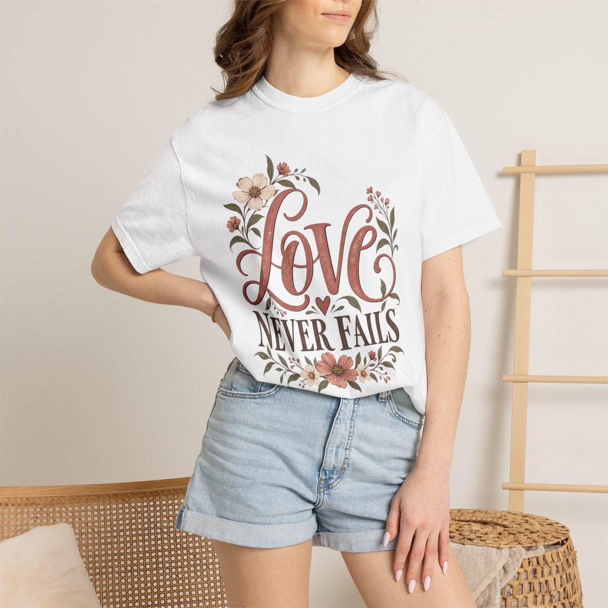 Love Never Fails T-Shirt — Floral Christian Inspirational Tee