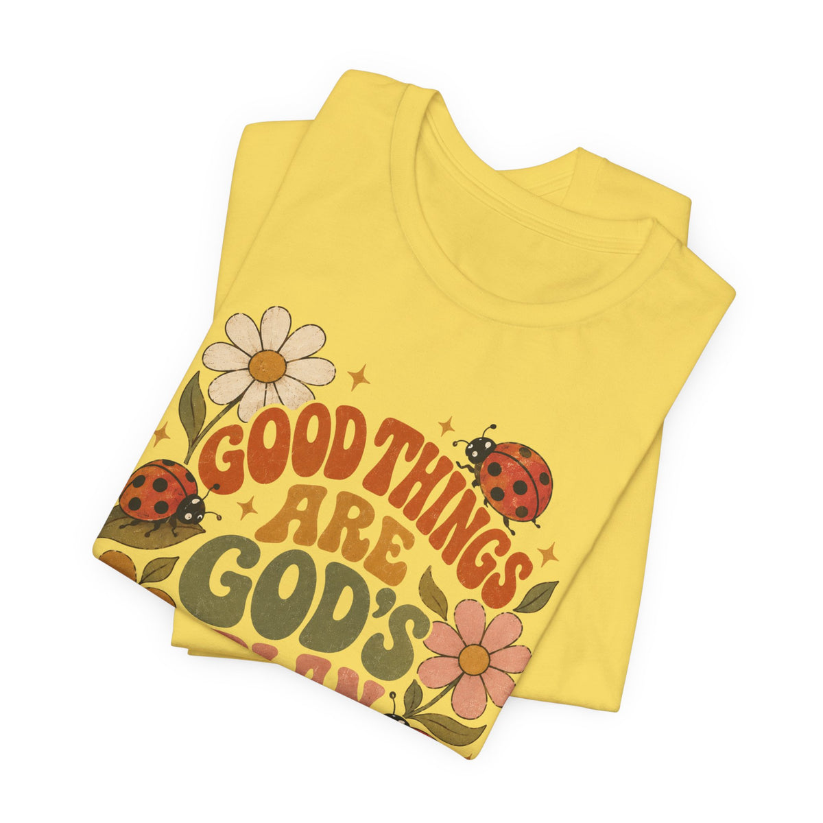 Good Things Are God's Plan T-Shirt — Retro Floral Ladybug Faith Tee