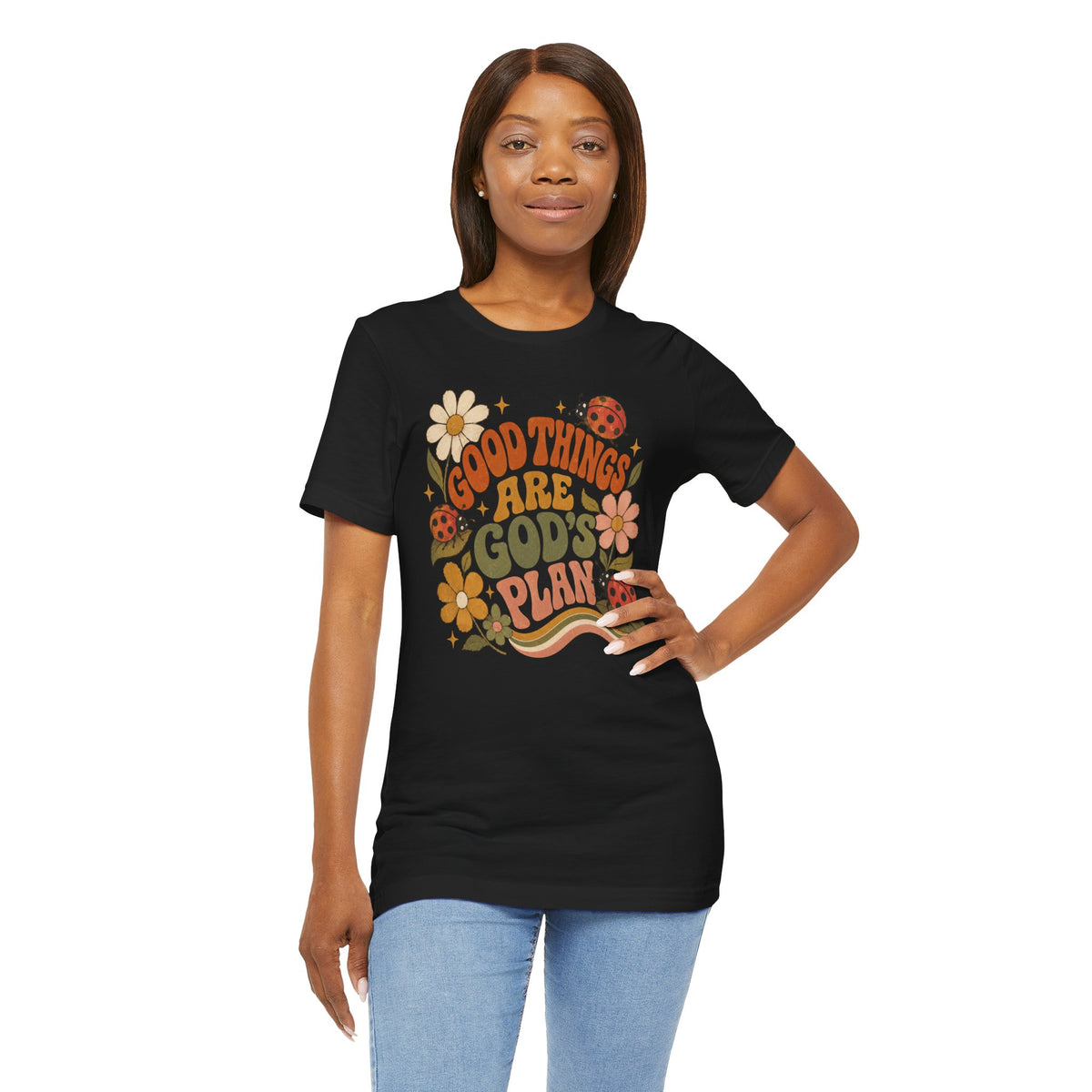 Good Things Are God's Plan T-Shirt — Retro Floral Ladybug Faith Tee