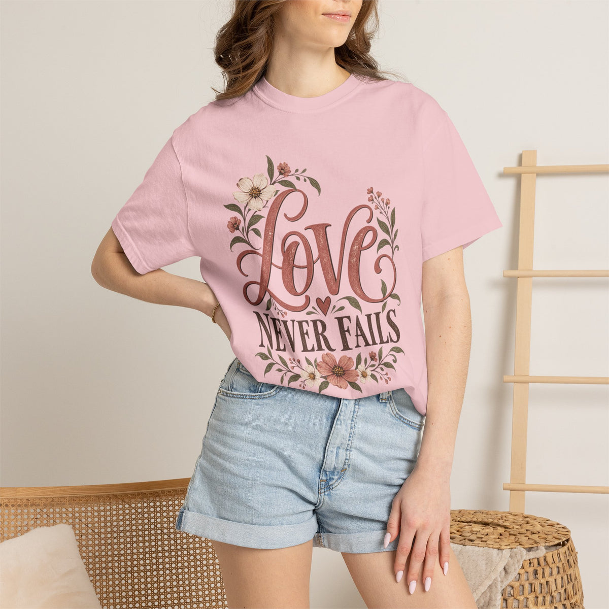 Love Never Fails T-Shirt — Floral Christian Inspirational Tee