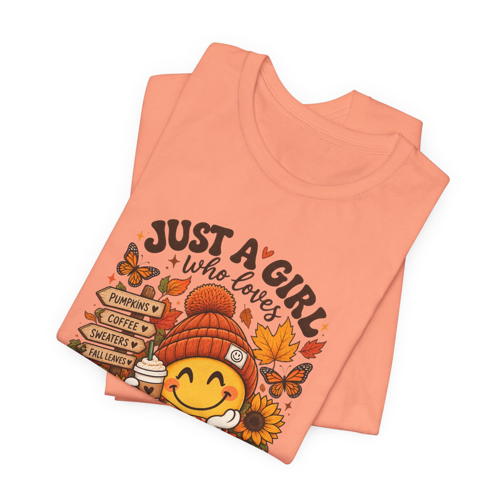 Fall Graphic Tee - "Just A Girl Who Loves Fall" Cute Pumpkin & Leaves T-Shirt