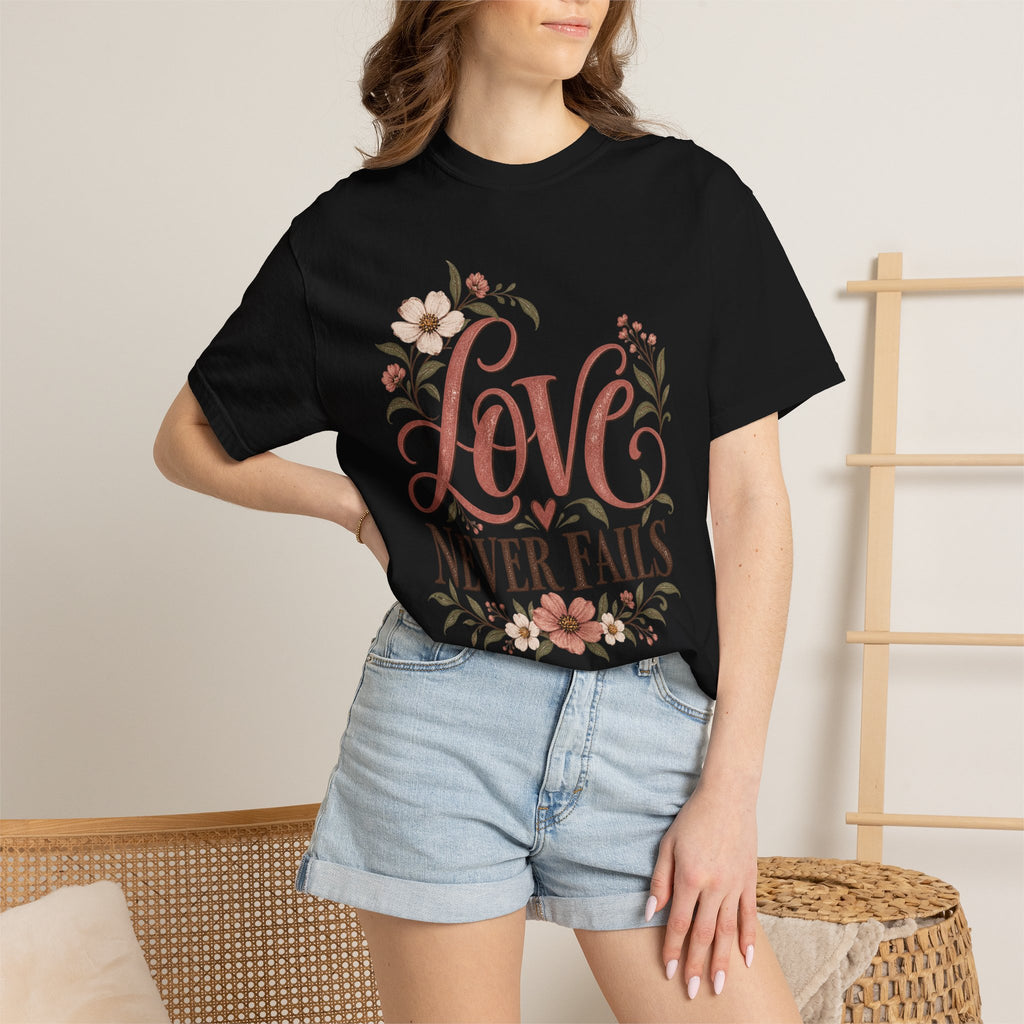 Love Never Fails T-Shirt — Floral Christian Inspirational Tee