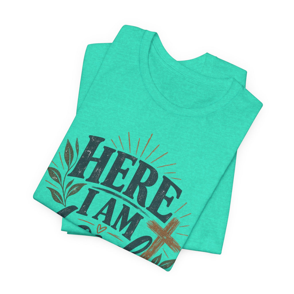 Here I Am Lord T-Shirt — Christian Faith Tee with Cross & Script Design
