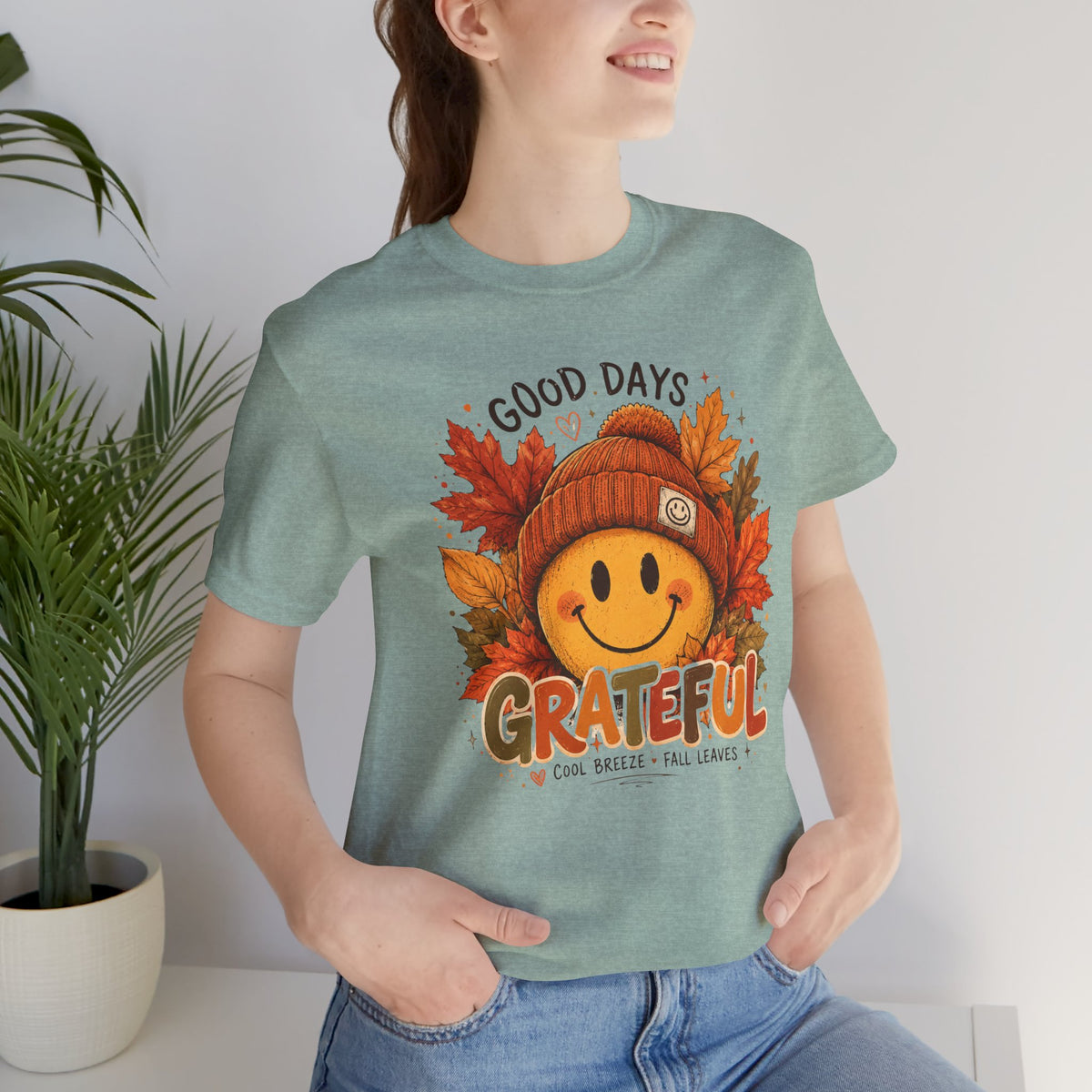 Grateful Fall Smile T-Shirt — "Good Days" Autumn Leaves Tee