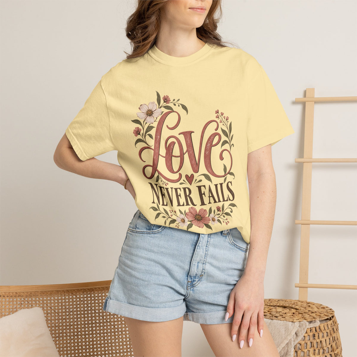 Love Never Fails T-Shirt — Floral Christian Inspirational Tee