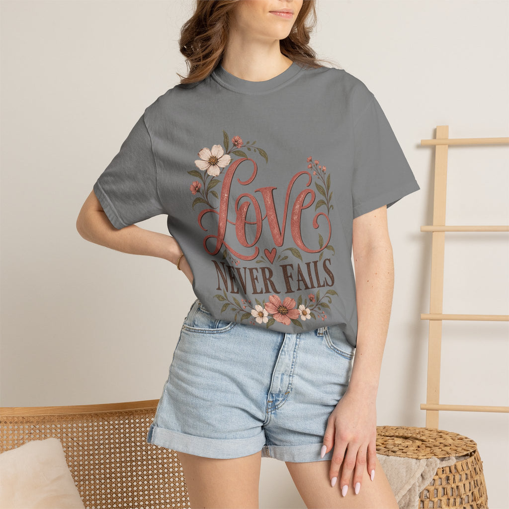 Love Never Fails T-Shirt — Floral Christian Inspirational Tee
