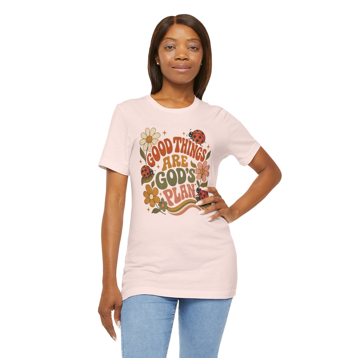 Good Things Are God's Plan T-Shirt — Retro Floral Ladybug Faith Tee