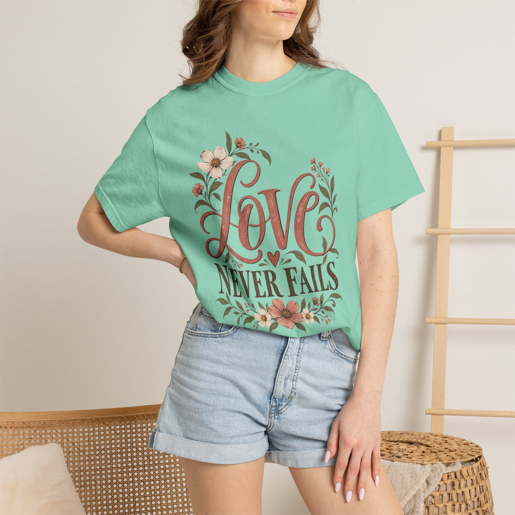 Love Never Fails T-Shirt — Floral Christian Inspirational Tee