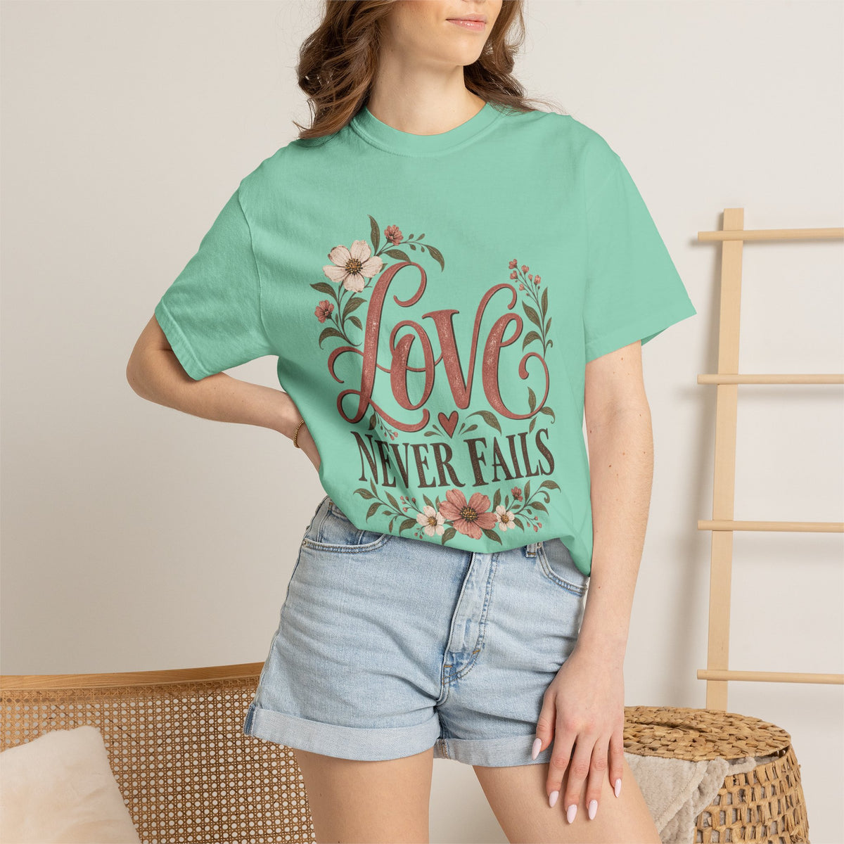 Love Never Fails T-Shirt — Floral Christian Inspirational Tee