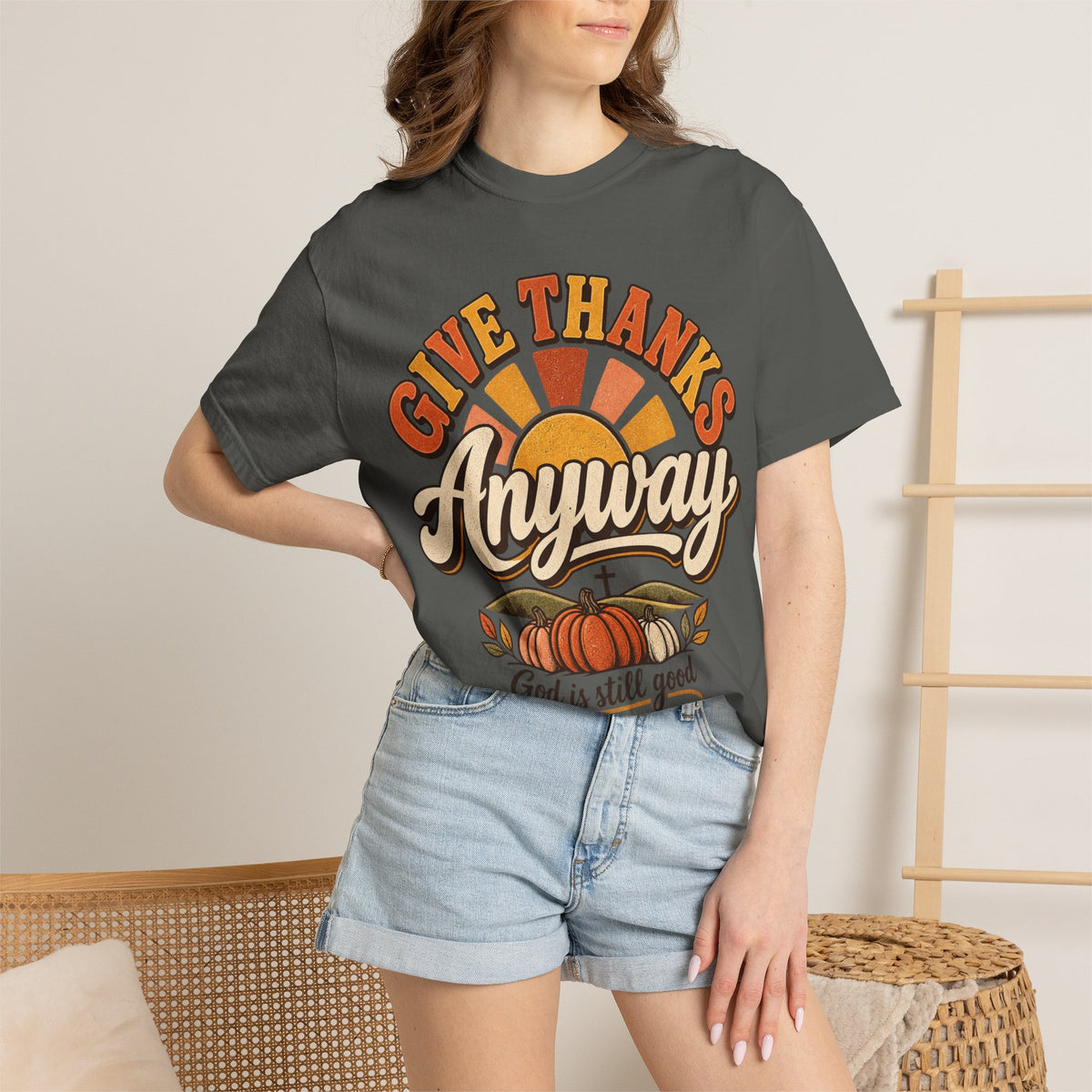 Give Thanks Anyway T-Shirt — Thanksgiving Christian Pumpkin Retro Tee