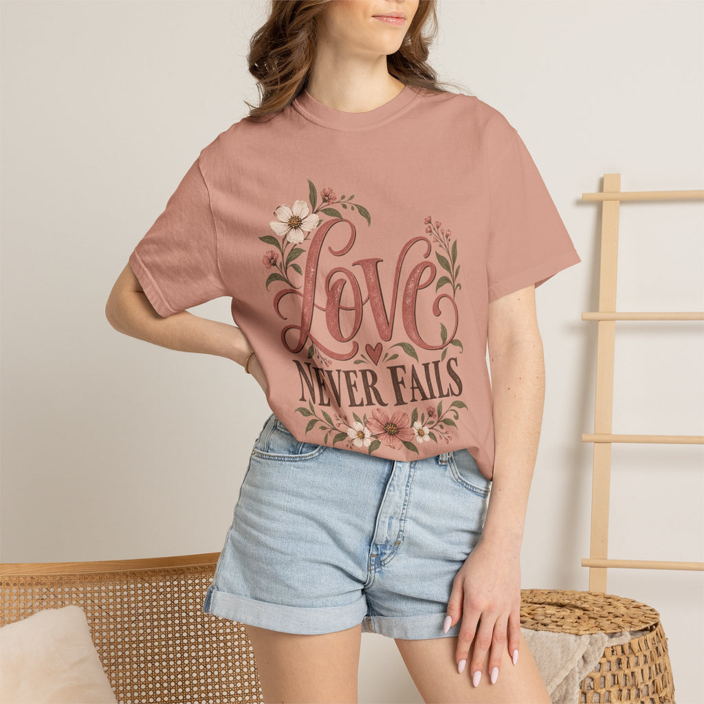 Love Never Fails T-Shirt — Floral Christian Inspirational Tee