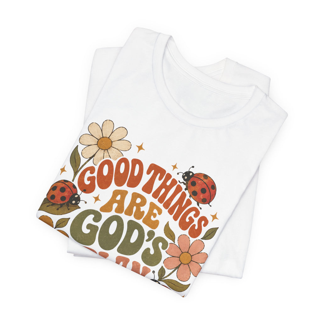 Good Things Are God's Plan T-Shirt — Retro Floral Ladybug Faith Tee