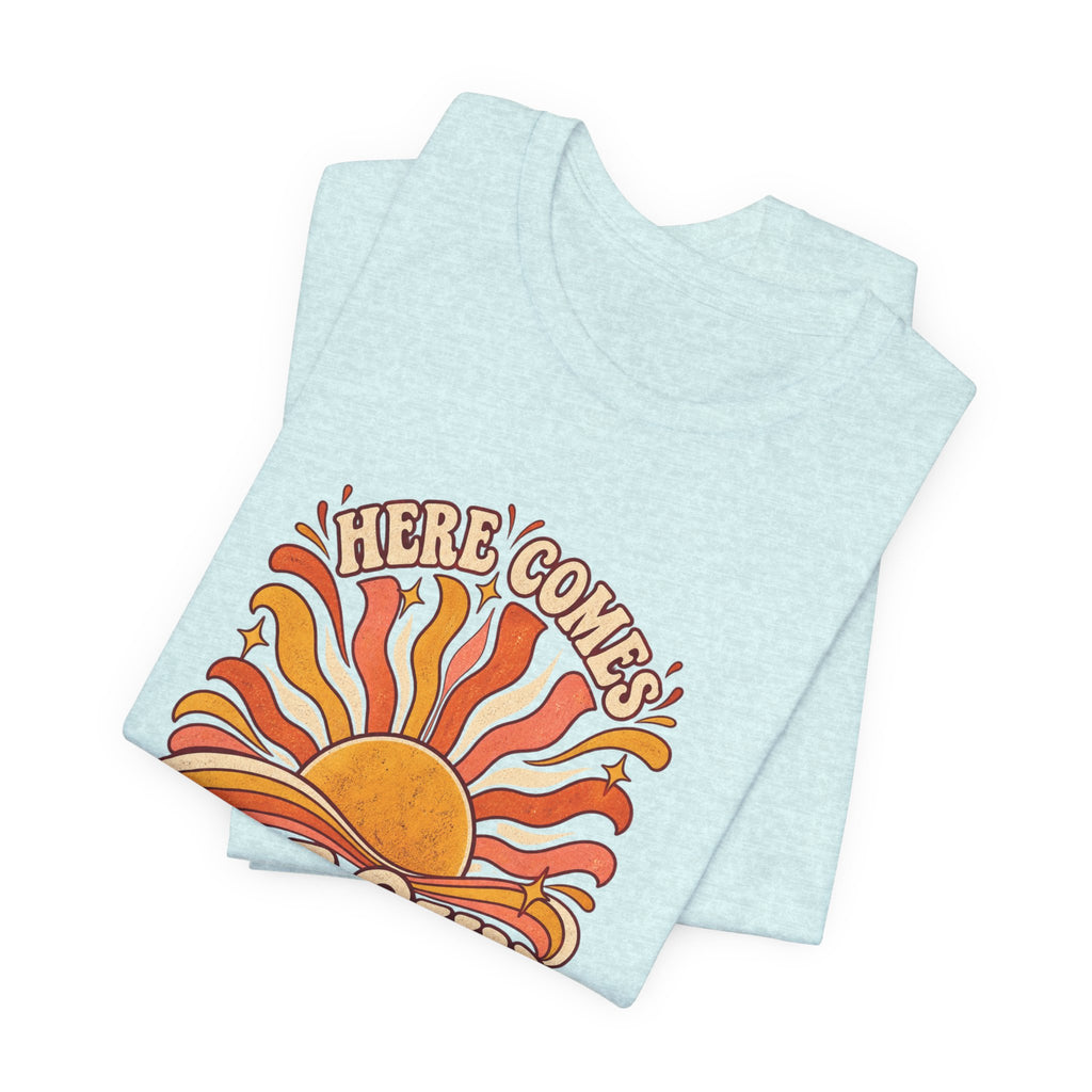 Retro “Here Comes The Sun” T-Shirt — Vintage Sunburst Graphic Tee