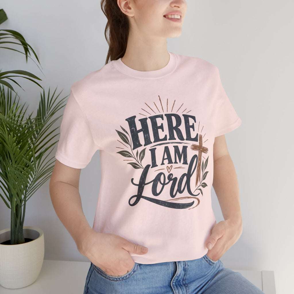 Here I Am Lord T-Shirt — Christian Faith Tee with Cross & Script Design
