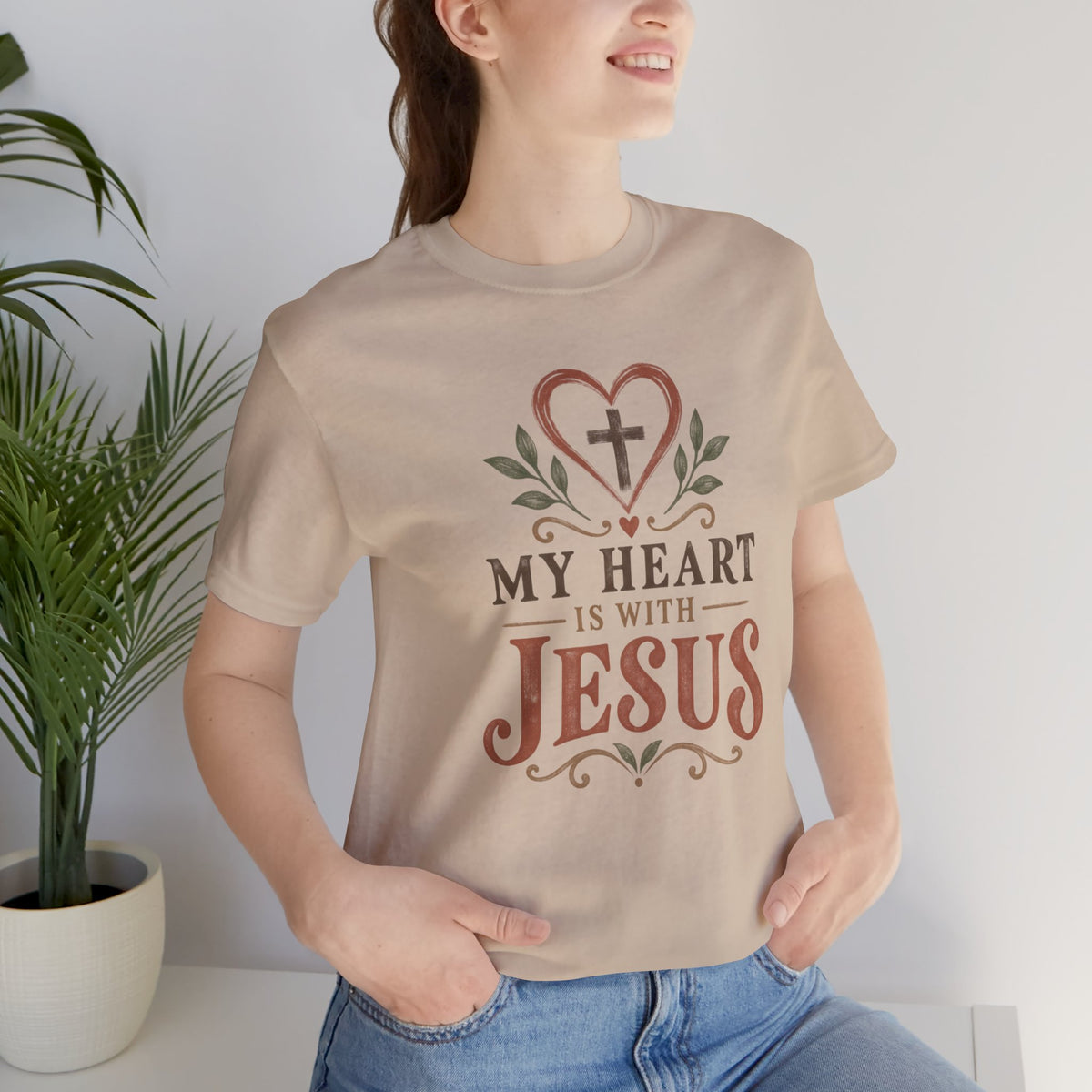My Heart Is With Jesus T-Shirt — Faith Christian Tee with Cross Heart Design