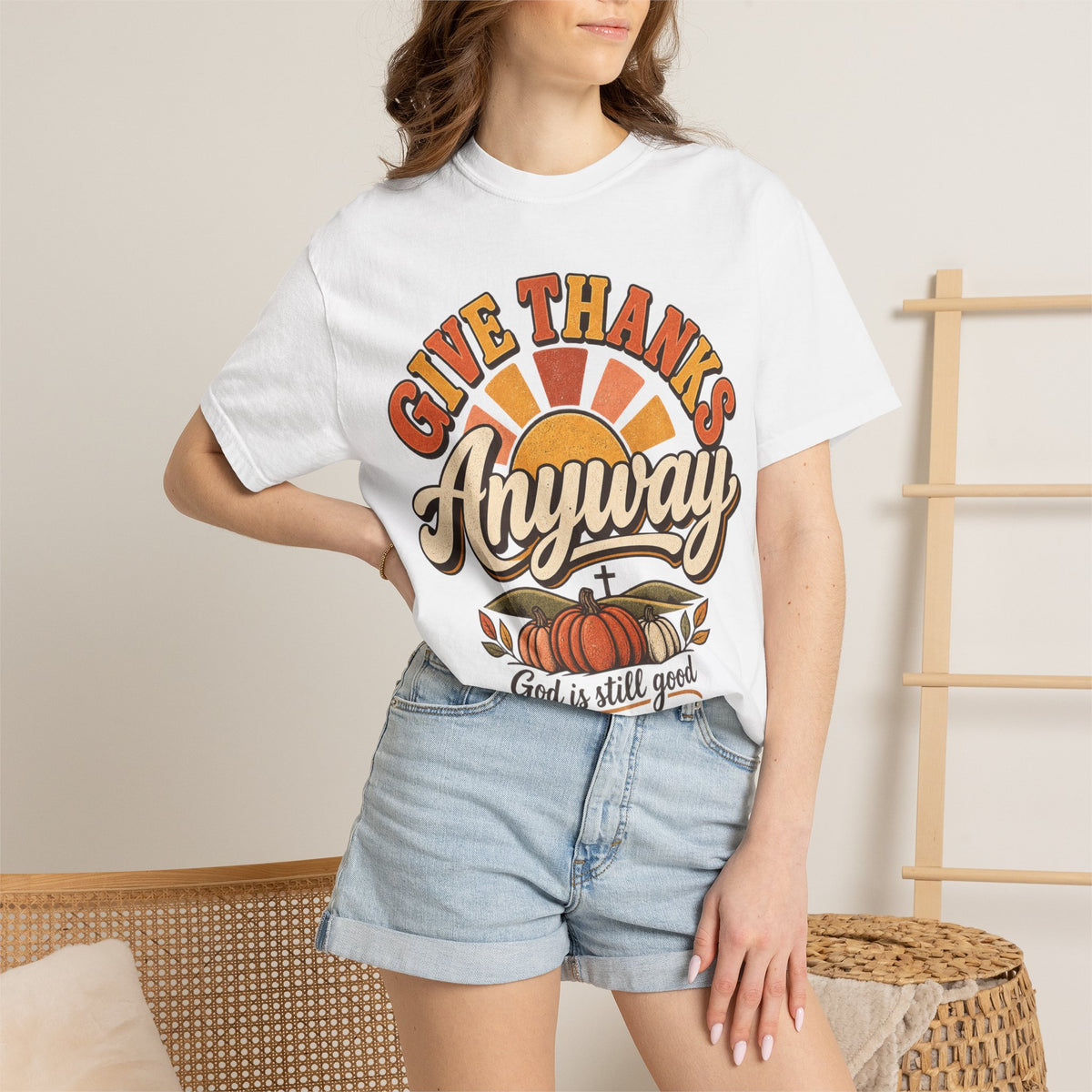 Give Thanks Anyway T-Shirt — Thanksgiving Christian Pumpkin Retro Tee