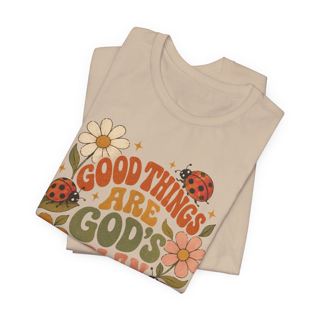 Good Things Are God's Plan T-Shirt — Retro Floral Ladybug Faith Tee