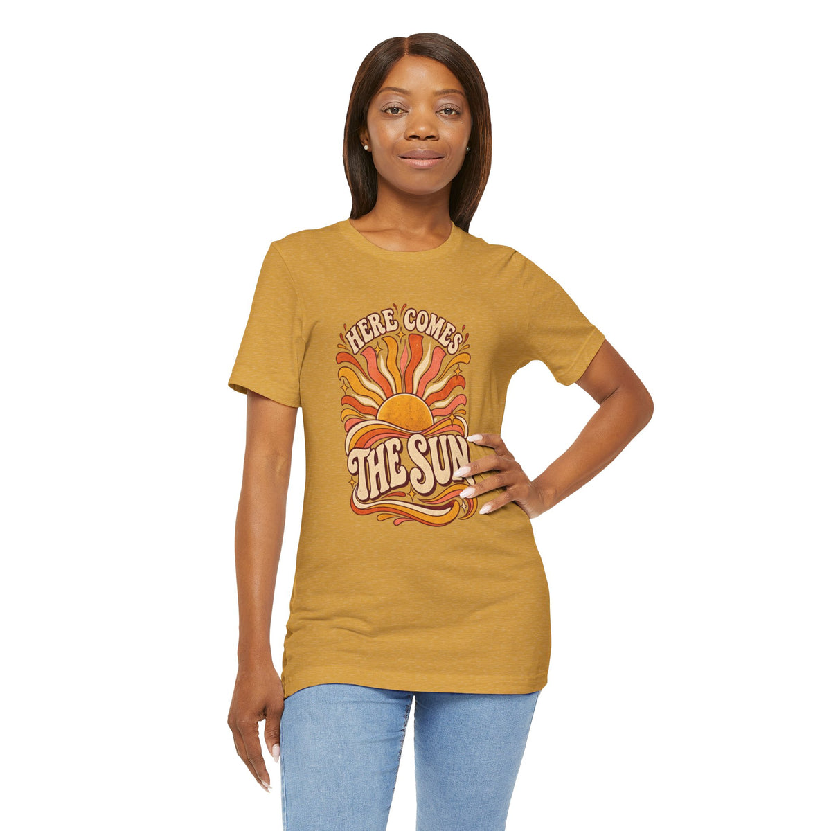 Retro “Here Comes The Sun” T-Shirt — Vintage Sunburst Graphic Tee