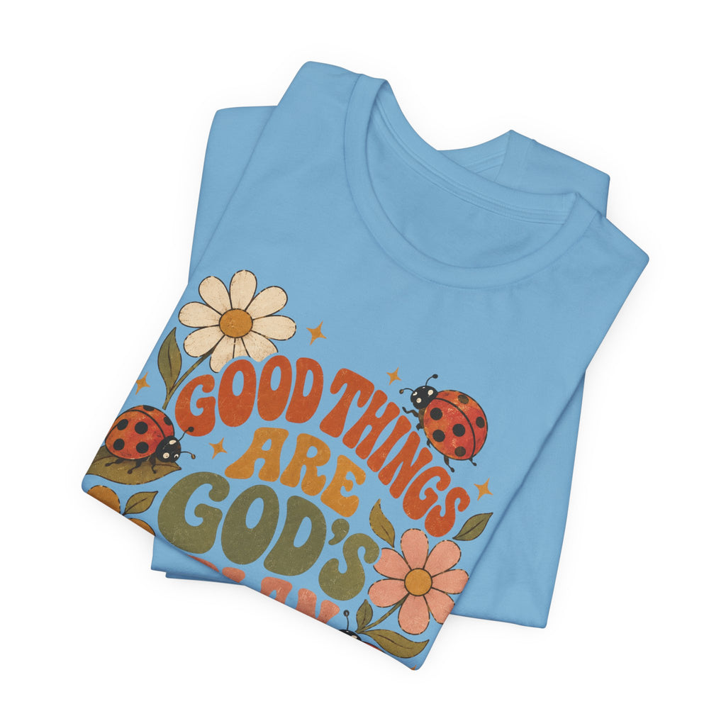 Good Things Are God's Plan T-Shirt — Retro Floral Ladybug Faith Tee