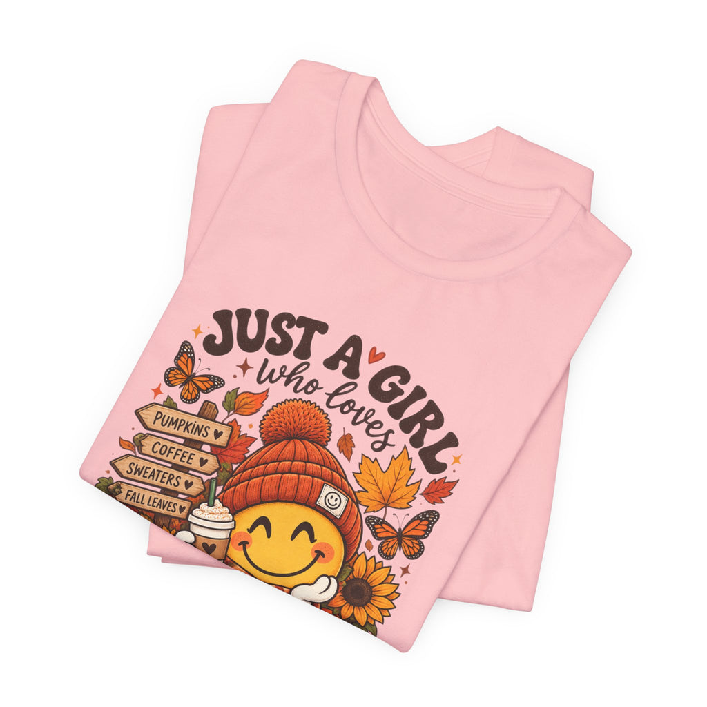 Fall Graphic Tee - "Just A Girl Who Loves Fall" Cute Pumpkin & Leaves T-Shirt