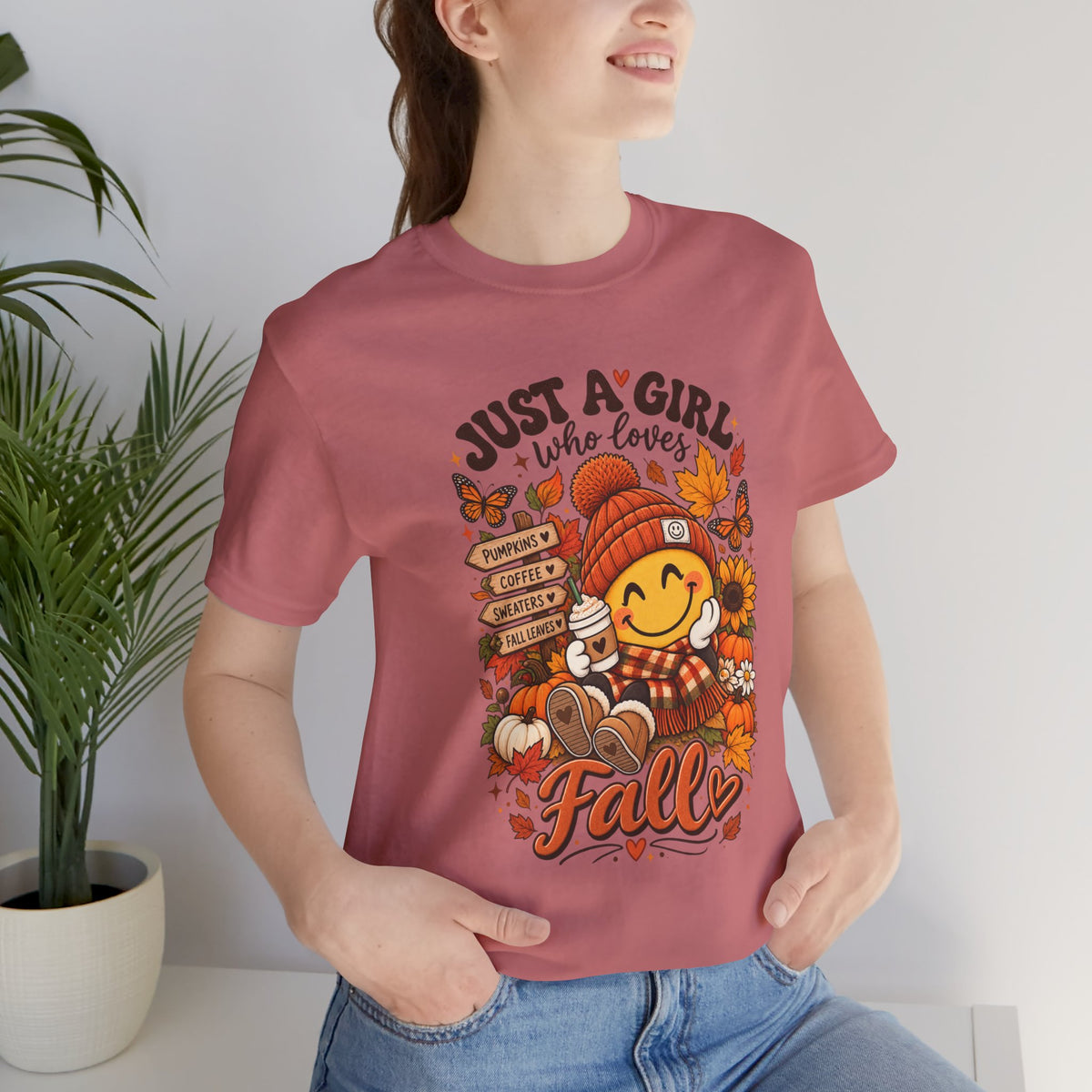 Fall Graphic Tee - "Just A Girl Who Loves Fall" Cute Pumpkin & Leaves T-Shirt