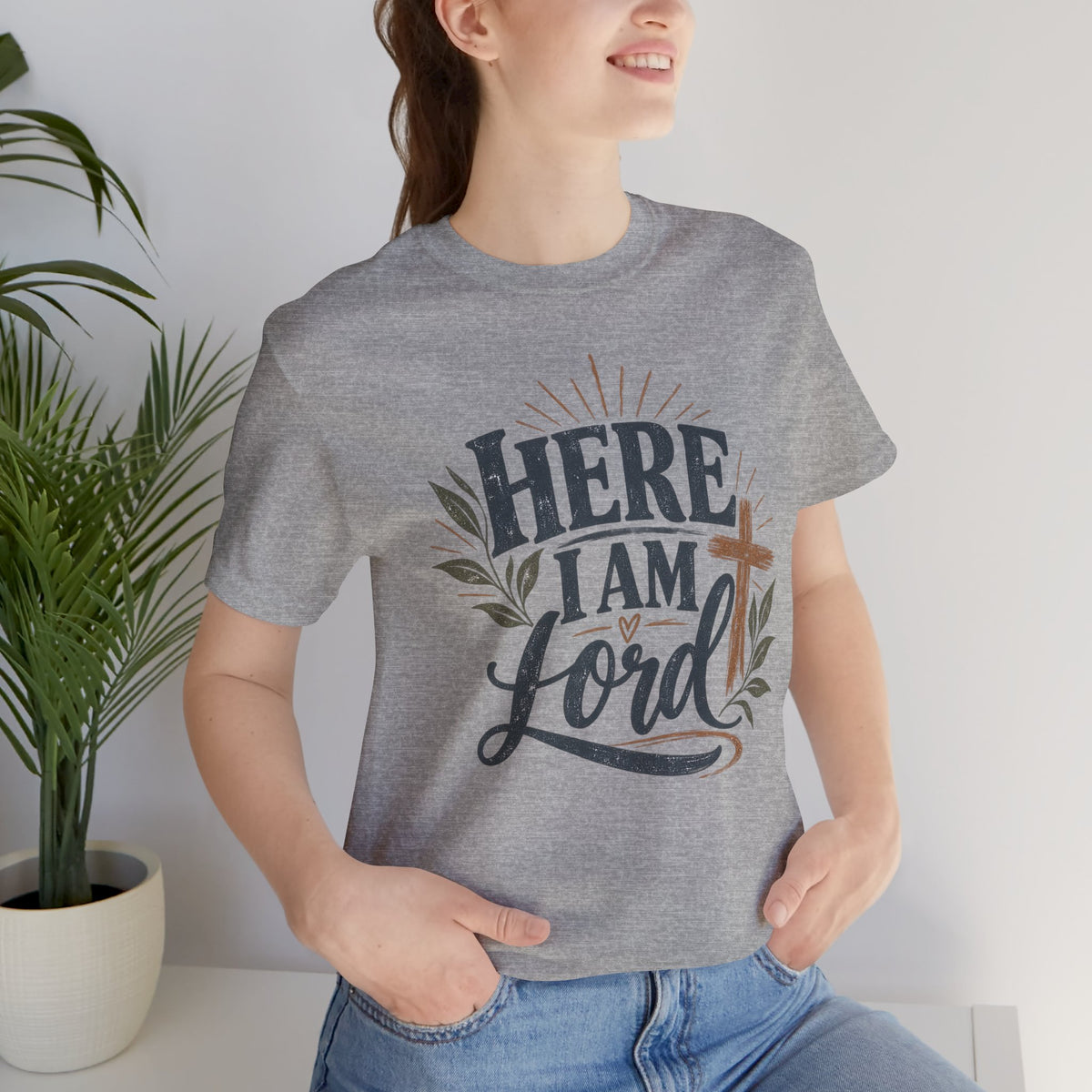 Here I Am Lord T-Shirt — Christian Faith Tee with Cross & Script Design