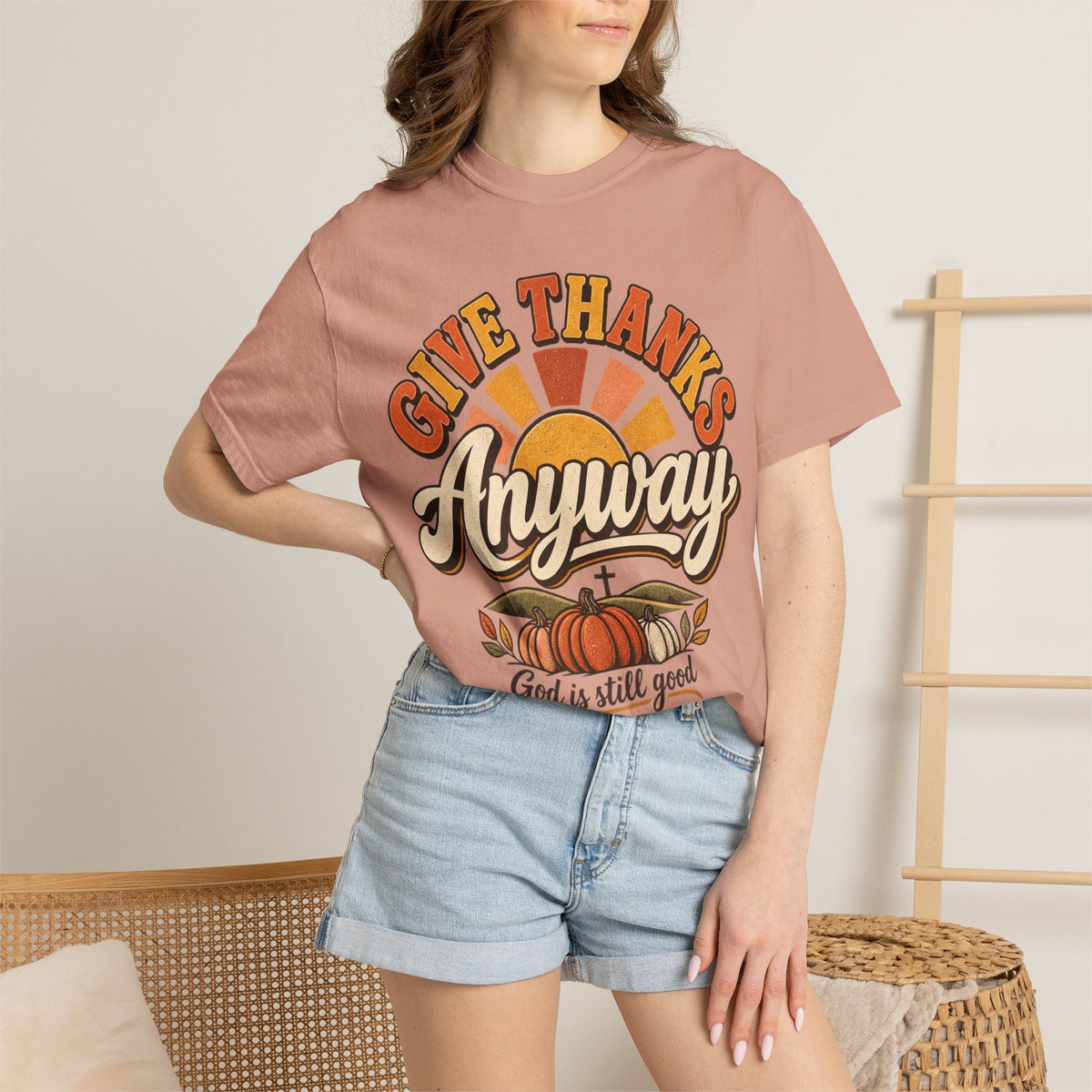 Give Thanks Anyway T-Shirt — Thanksgiving Christian Pumpkin Retro Tee