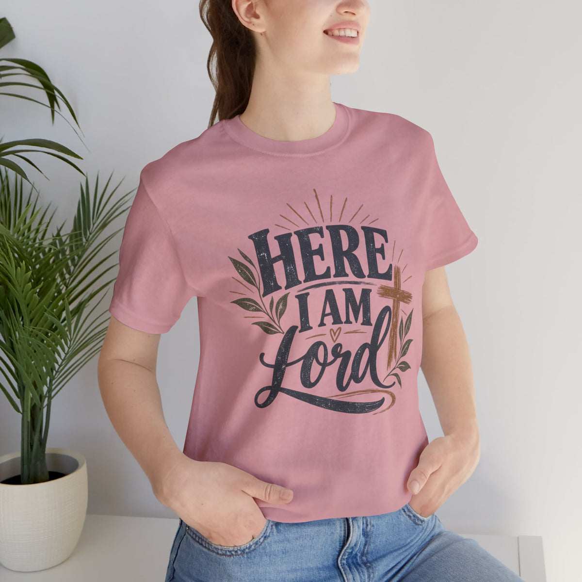 Here I Am Lord T-Shirt — Christian Faith Tee with Cross & Script Design