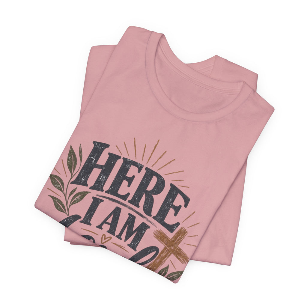 Here I Am Lord T-Shirt — Christian Faith Tee with Cross & Script Design