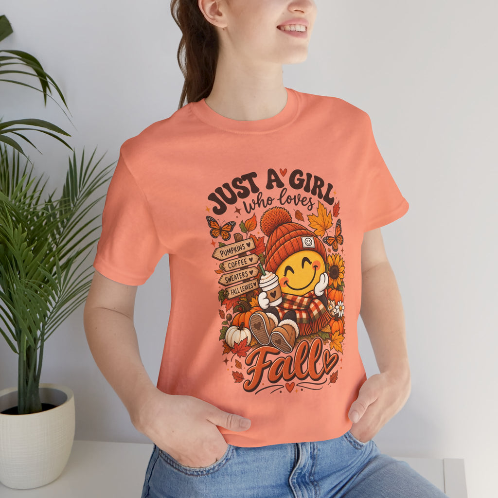 Fall Graphic Tee - "Just A Girl Who Loves Fall" Cute Pumpkin & Leaves T-Shirt