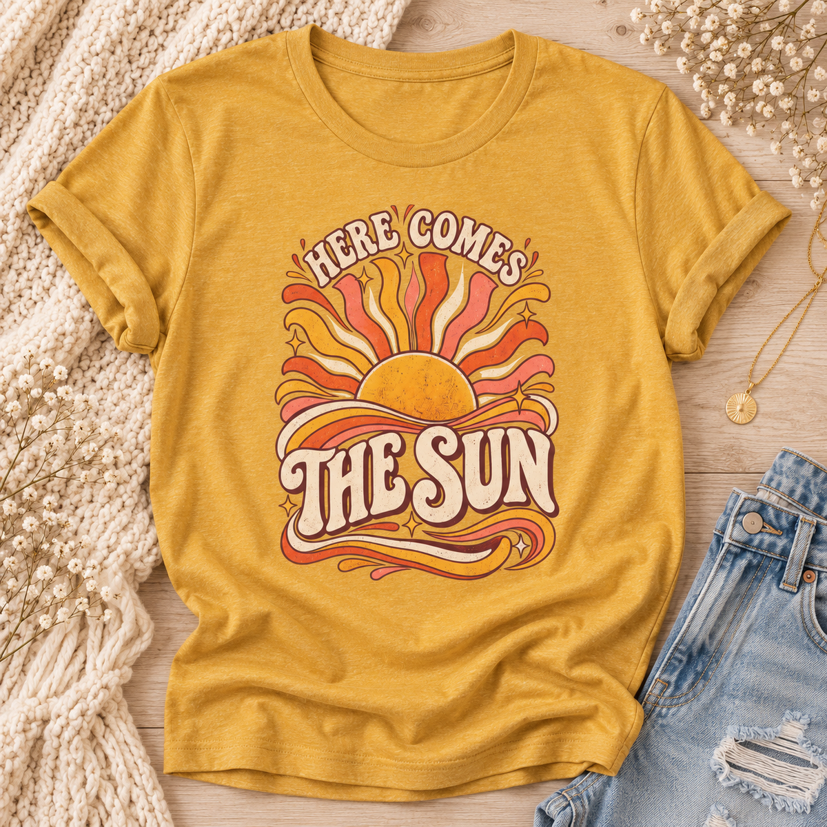 Here Comes The Sun Retro 70s Sun Graphic T-Shirt