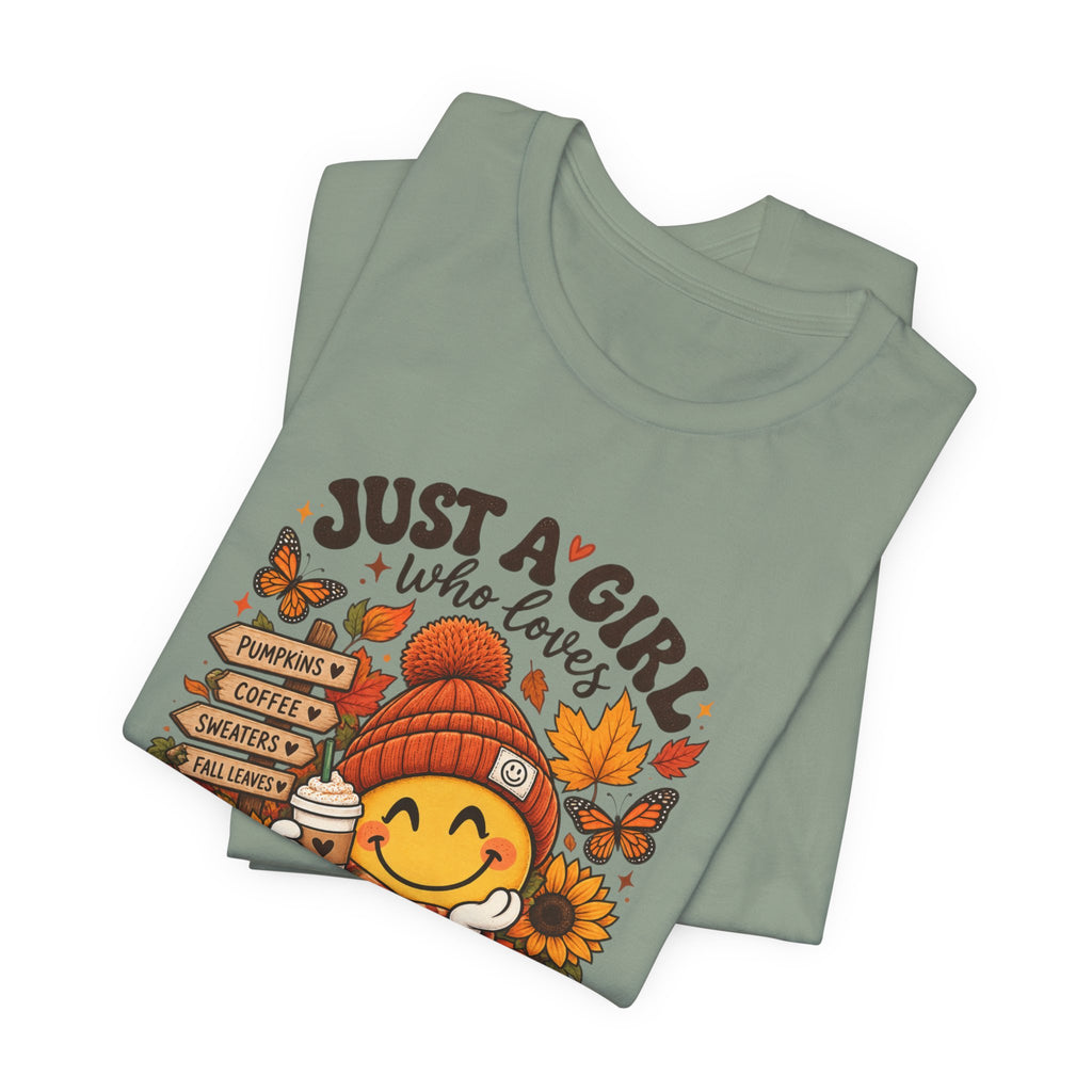 Fall Graphic Tee - "Just A Girl Who Loves Fall" Cute Pumpkin & Leaves T-Shirt