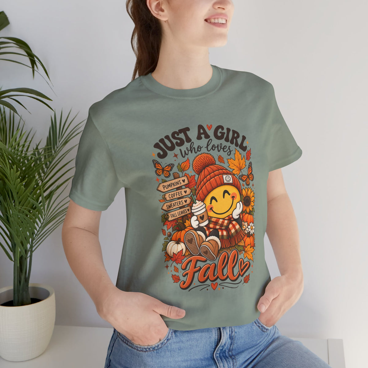 Fall Graphic Tee - "Just A Girl Who Loves Fall" Cute Pumpkin & Leaves T-Shirt