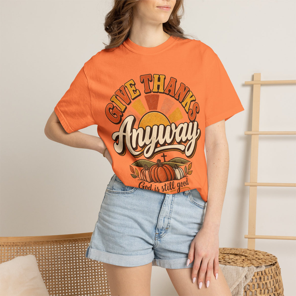 Give Thanks Anyway T-Shirt — Thanksgiving Christian Pumpkin Retro Tee