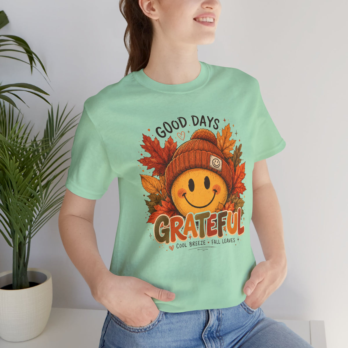 Grateful Fall Smile T-Shirt — "Good Days" Autumn Leaves Tee