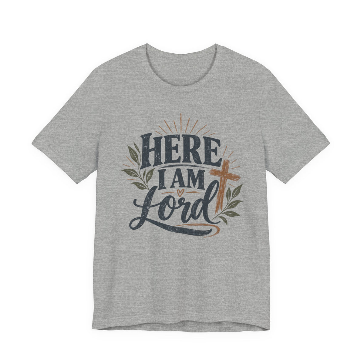 Here I Am Lord T-Shirt — Christian Faith Tee with Cross & Script Design