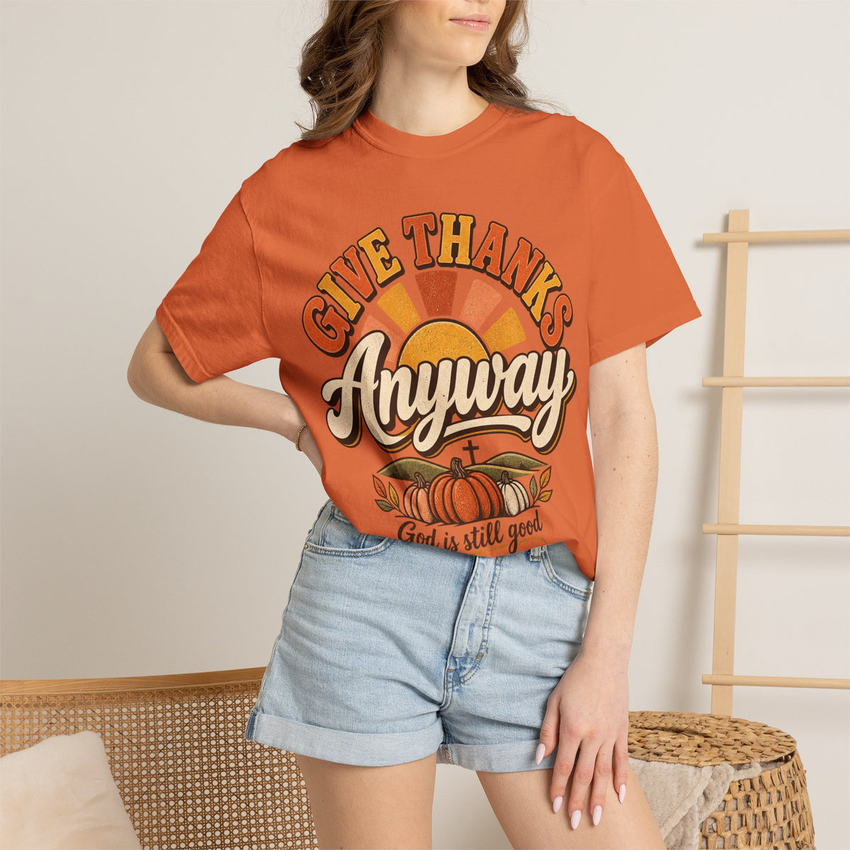 Give Thanks Anyway T-Shirt — Thanksgiving Christian Pumpkin Retro Tee