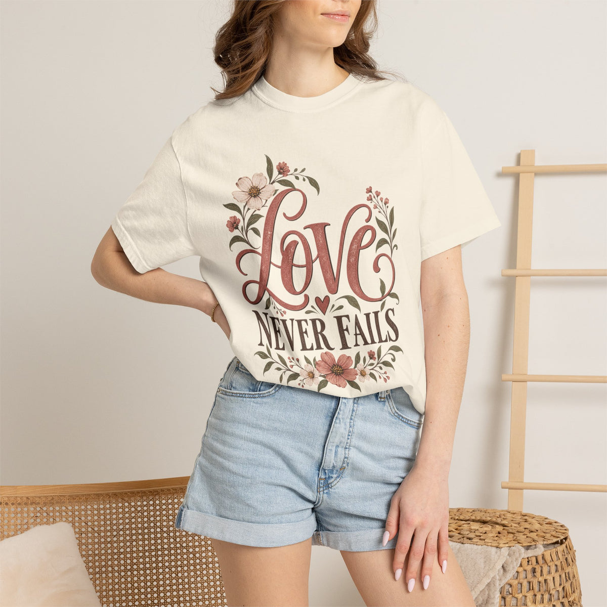 Love Never Fails T-Shirt — Floral Christian Inspirational Tee